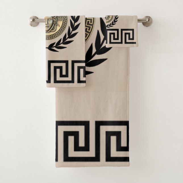 Medusa / Gorgon, Greek Key, Laurel Wreath, Beige Bath Towel Set (Insitu)