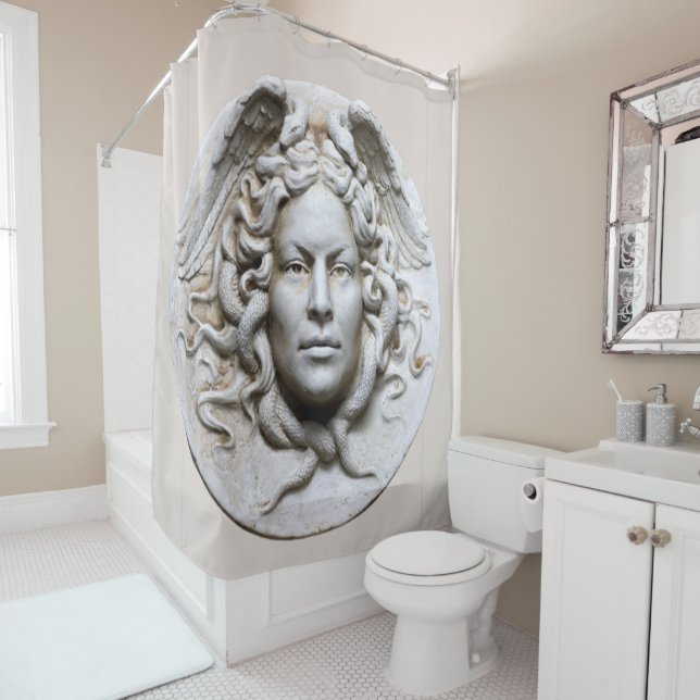 Medusa Greek Revival Beige Neutral Marble Shower Curtain (In Situ)