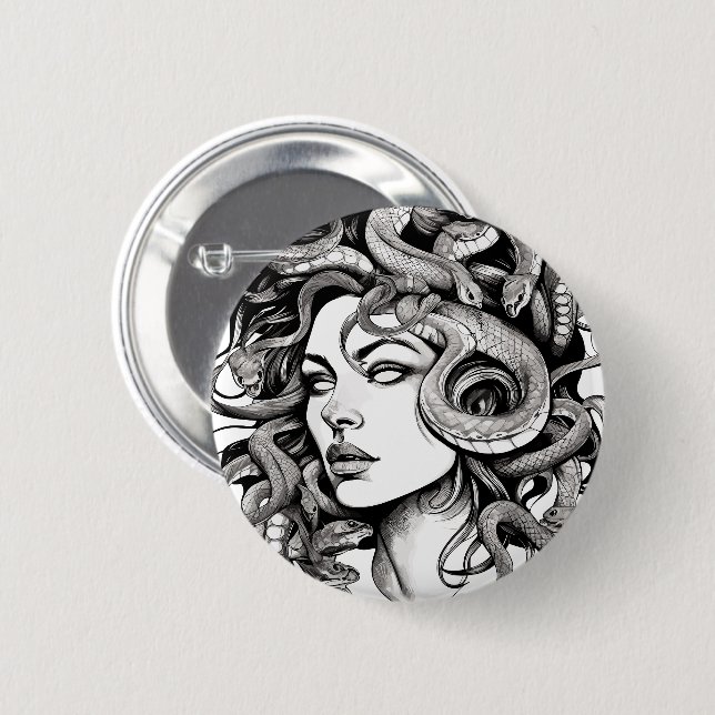 Medusa head tattoo style 6 cm round badge (Front & Back)