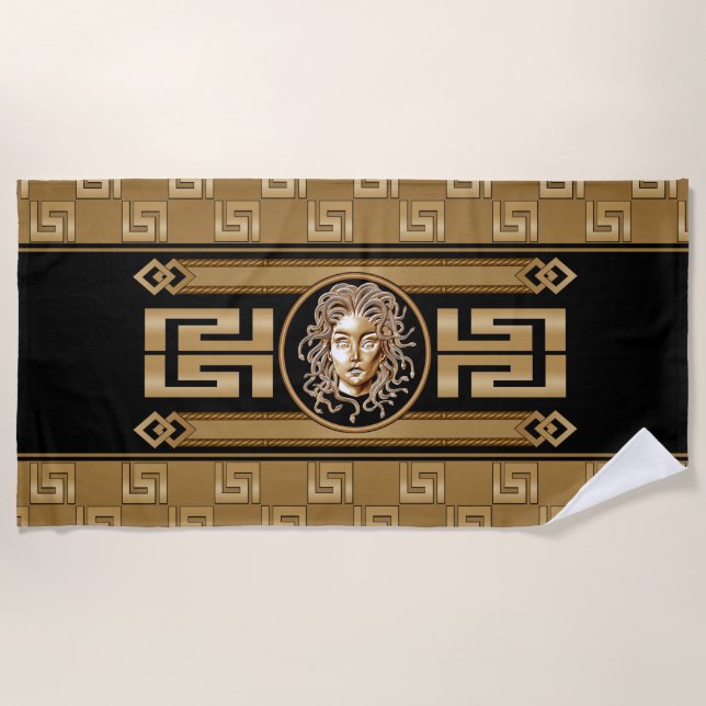 Medusa Luxury Black & Gold Beach Towel (Front)