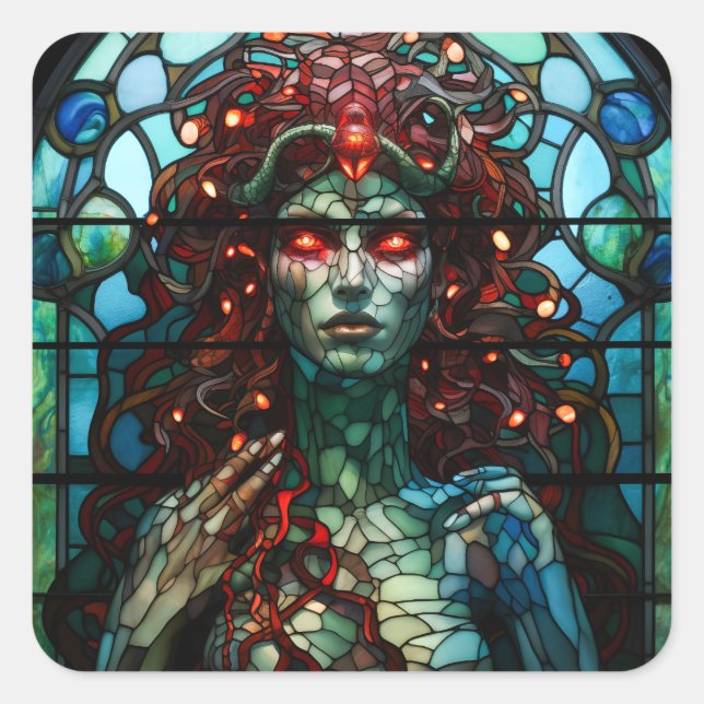 Medusa - Stained Glass Window Tiffany Style Square Sticker (Front)