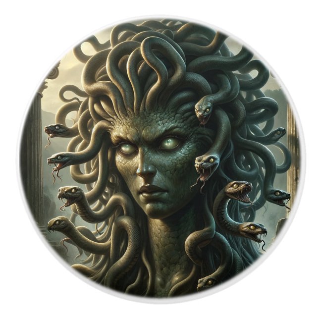 Medusa Stare of Death Head of Snakes Ceramic Knob (Front)
