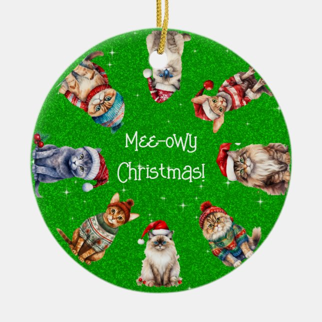 Mee-owy Christmas Festive Cats on Green Glitter Ceramic Tree Decoration (Front)
