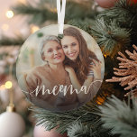 Meema Grandma Script Overlay Glass Tree Decoration<br><div class="desc">Create a sweet gift for a special grandmother with this beautiful custom ornament. "Meema" appears as an elegant white script overlay on your favorite photo of grandma and her grandchild or grandchildren.</div>