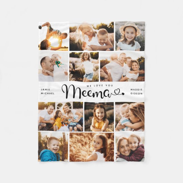 Meema We Love you Hearts Modern Photo Collage Fleece Blanket (Front)