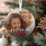 Meemaw Grandma Script Overlay Glass Tree Decoration<br><div class="desc">Create a sweet gift for a special grandmother with this beautiful custom ornament. "Meemaw" appears as an elegant white script overlay on your favourite photo of grandma and her grandchild or grandchildren.</div>