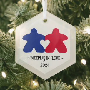 Meeples in Love, Blue & Red Glass Ornament