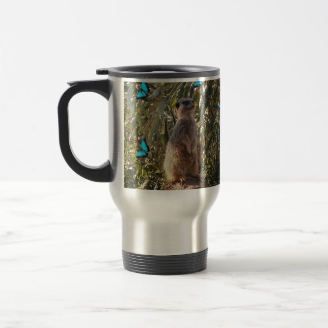 Meerkat And Blue Butterflies, Travel Mug (Left)