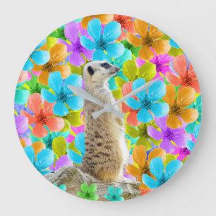 Meerkat And Multi Coloured Blossoms, Large Clock
