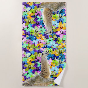 Meerkat And Watercolor Orchids, Beach Towel