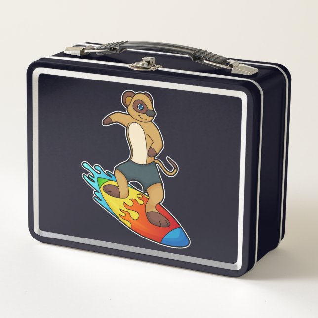Meerkat as Surfer with Surfboard Metal Lunch Box (Front)