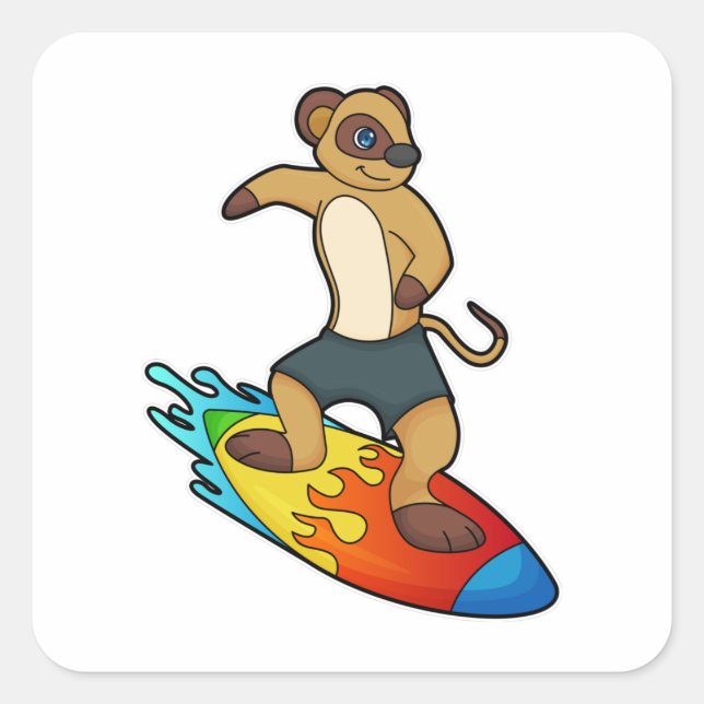 Meerkat as Surfer with Surfboard Square Sticker (Front)