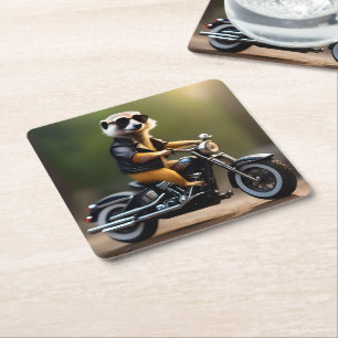 Meerkat Bikie On A Motorbike, Square Paper Coaster