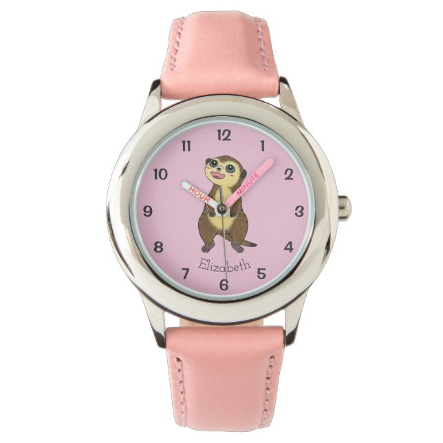 Meerkat Cartoon Simple Pink Kids Name Watch (Front)