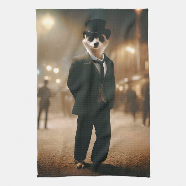 Meerkat Dressed For Black Tie Event,  Tea Towel (Vertical)