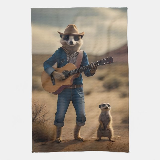 Meerkat Duet: Strumming Together in Harmony, Tea Towel (Vertical)