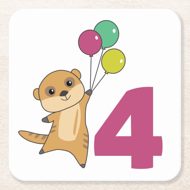 Meerkat Fourth Birthday Balloons Kids Square Paper Coaster (Front)