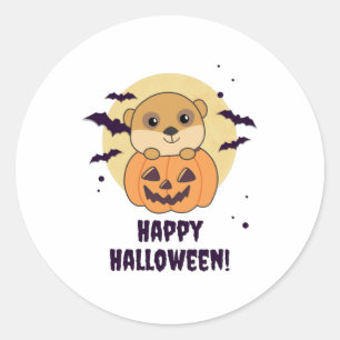 Meerkat In Pumpkin Cute Animals Happy Halloween Classic Round Sticker