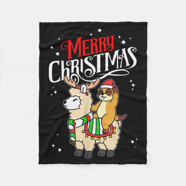 Meerkat Merry Christmas Reindeer Llama Riding Meer Fleece Blanket (Front)
