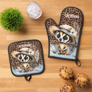 Meerkat safari jungle zoo animal skin print NAME Oven Mitt & Pot Holder Set