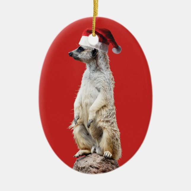 Meerkat Santa Claus Ceramic Tree Decoration (Front)