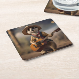 Meerkat Strumming A Country Lullaby,  Square Paper Coaster