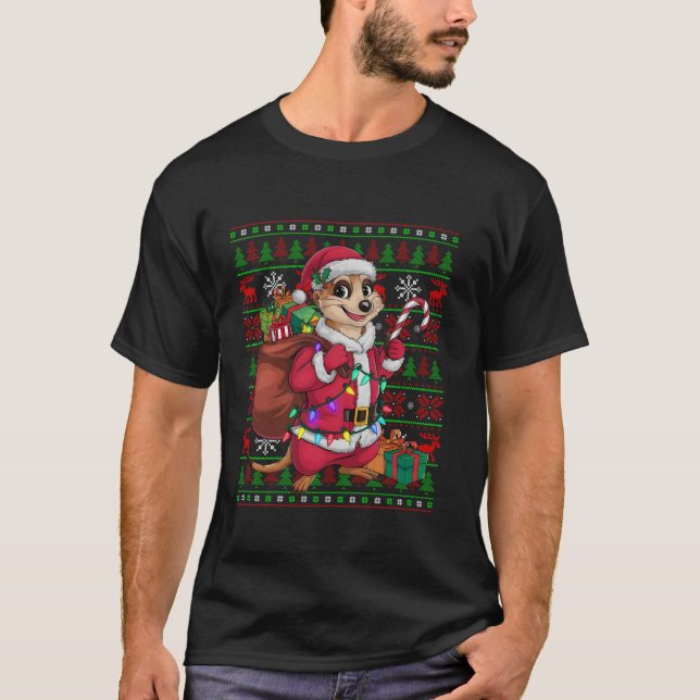 Meerkat Xmas Lights Ugly Santa Meerkat Christmas T T-Shirt (Front)