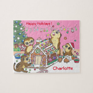 Meerkats and gingerbread house jigsaw puzzle pink