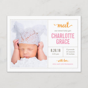 MEET HER Modern Birth Announcement Postcard