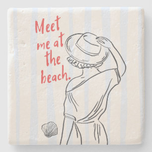 Meet Me At The Beach Blue Striped Beach Lovers Stone Coaster