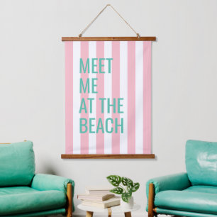 Meet Me At The Beach Pink Cabana Stripe Hanging Tapestry