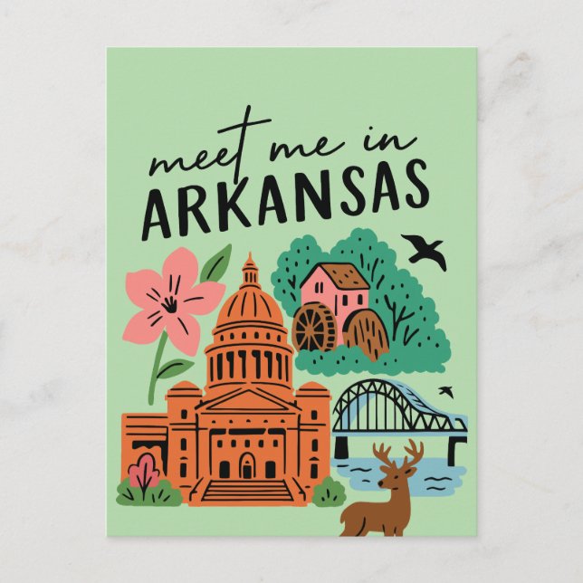Meet Me In Arkansas Southern USA Retro Landmarks Postcard (Front)