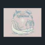 Meet me in LOTHLORIEN™ - Swan Boat Postcard<br><div class="desc">Drift into the timeless beauty of Middle-earth™ with this enchanting Lord of the Rings™ design inspired by Lothlórien™. Featuring an elegant Elven swan boat gliding across tranquil waters beneath a radiant star, the artwork captures the serenity and starlit magic of the Golden Wood. Framed by delicate leaves and graceful linework,...</div>