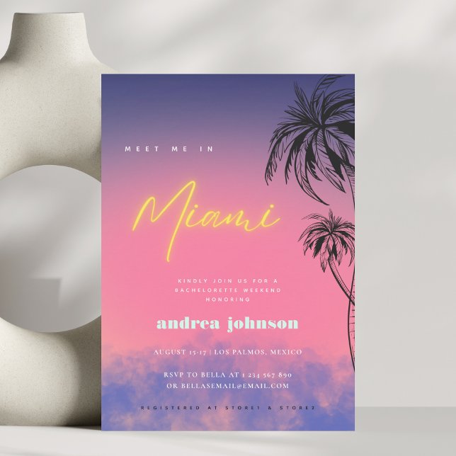 Meet Me in Miami | Neon Hen Bachelorette Weekend Invitation (Creator Uploaded)