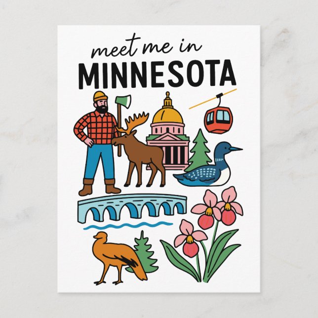 Meet Me In Minnesota Loon Moose Lumberjack Icons Postcard (Front)