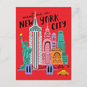 Meet Me In New York City Skyline Landmarks Reto Postcard