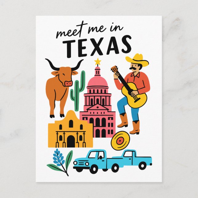 Meet Me In Texas Longhorn Cowboy Austin Postcard (Front)