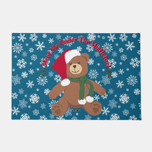 Meet Me Under The Mistletoe! Christmas Teddy Bear Doormat (Front)