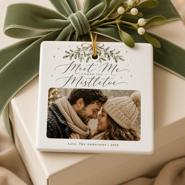 Meet Me Under the Mistletoe Personalised Couple  Ceramic Ornament (Creator Uploaded)