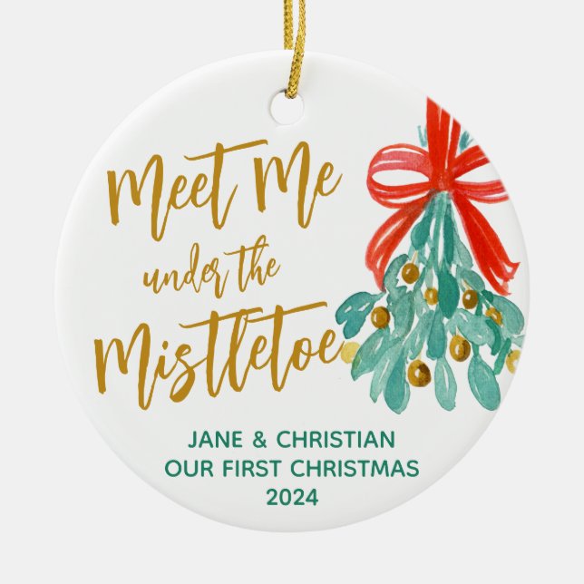 Meet Me Under the Mistletoe Personalised Wedding Ceramic Tree Decoration (Front)