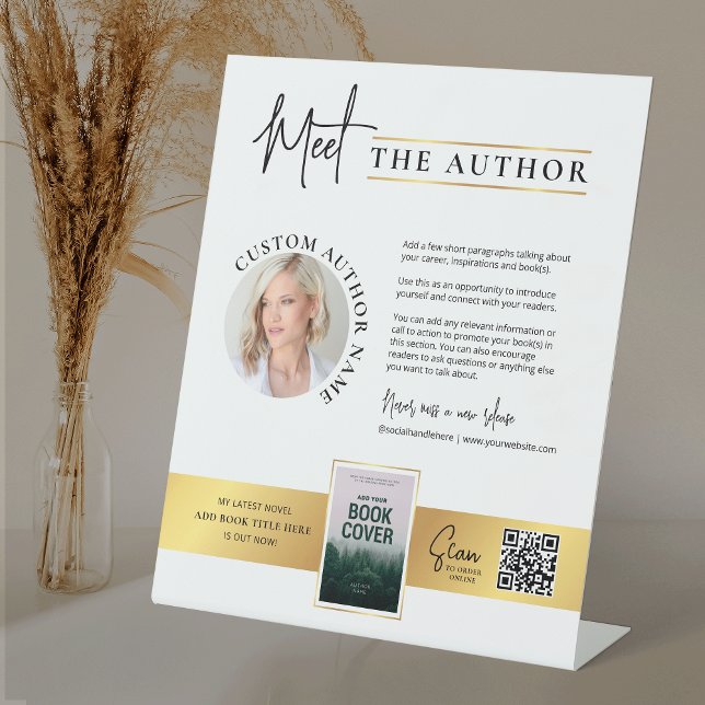 Meet The Author Photo Book Signing Faux Gold Sign (Modern white and gold Meet The Author table top sign design with your custom photos and text)