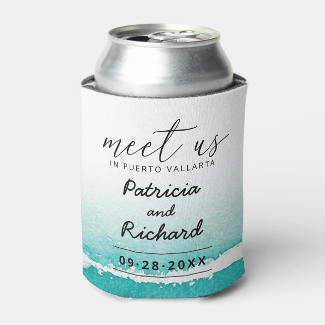 Meet Us In Destination Wedding Teal Save The Date Can Cooler (Can Front)