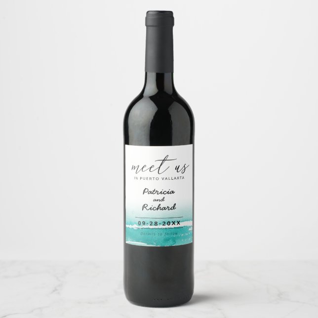 Meet Us In Destination Wedding Teal Save The Date Wine Label (Front)