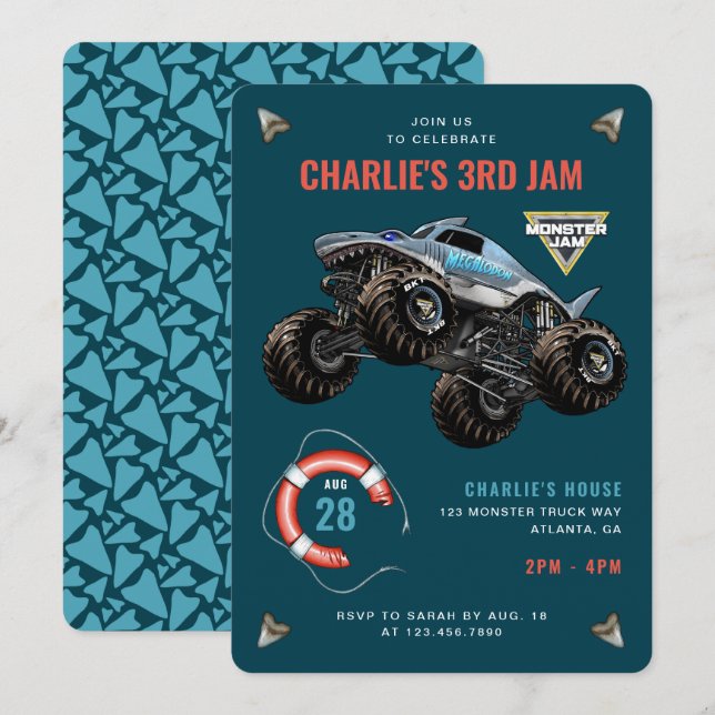 Megalodon Monster Jam Shark Birthday Bash Invitation (Front/Back)