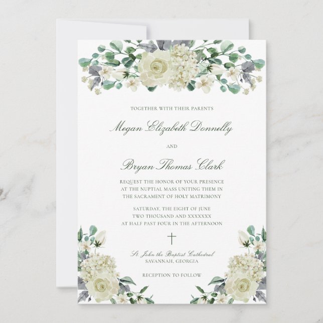 Megan Elegant Greenery Catholic Wedding Invitation (Front)