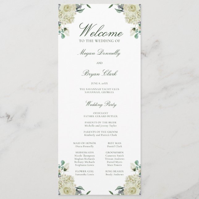 Megan White Floral Elegant Wedding Ceremony Programme (Front)