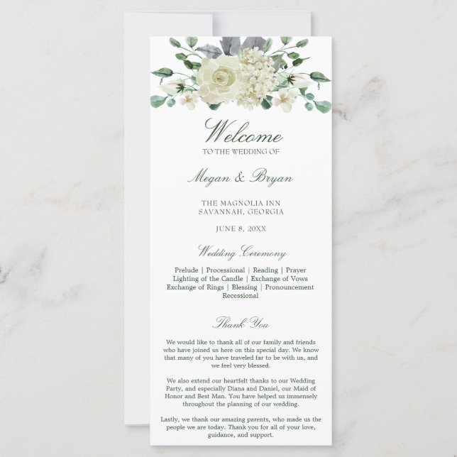 Megan White Floral Greenery Wedding Program (Front)