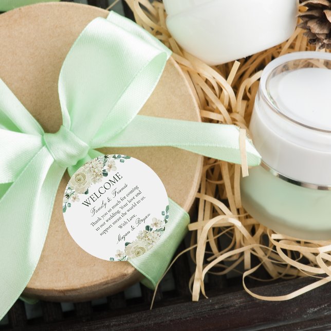 Megan White Floral Wedding Welcome Bag Classic Round Sticker (Creator Uploaded)