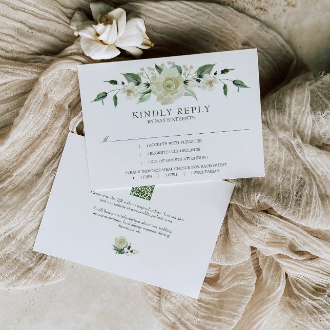 Megan White Rose Greenery Meal Choice Wedding RSVP (Elegant, meal choice RSVP card with QR Code embellished with white flowers and greenery)