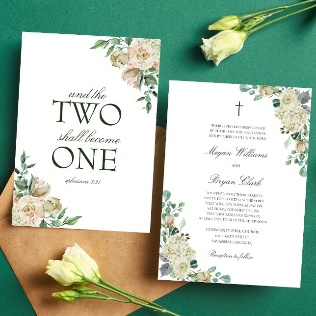 Megan White Roses Greenery Christian Wedding Invitation (Elegant Megan Christian Wedding Invitation with white watercolor flowers and botanical greenery)